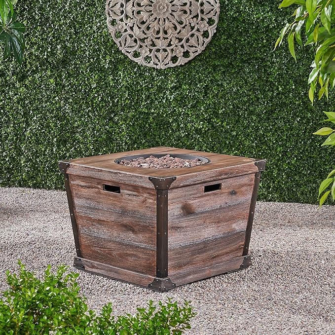 Propane Fire Pit Table, 32 Inch Firepits for Outside, Square Gas Fire Pit for Outside Patio, Propane Fire Table with Wood Pattern, 40000BTU, Brown
