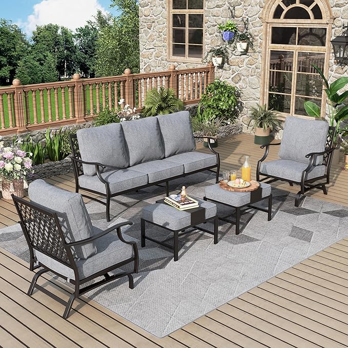 Patio Furniture Set 5 pcs, Outdoor Patio Furniture, 3-Seat Sofa, 2 Rocking Chairs, 2 Ottomans and 5.75" Extra Thick Cushion, Patio Conversation Set for Garden Backyard Deck,Grey