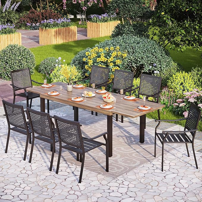 PHI VILLA Outdoor Metal Expandable Dining Table, Wood-Like Wrought Iron Extendable Table for 6-8 Person, Heavy-Duty Large Rectangular Table Furniture for Patio, Deck, Backyard, Porch