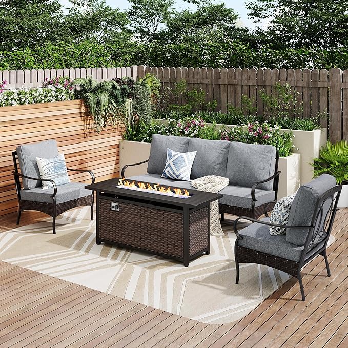 Patio Furniture Set with 56" Fire Pit Table, Premium Outdoor Wicker Metal Frame Furniture with Upgraded Waterproof Thick Cushions for Porch, Poolside, Deck, and Yard （4 Pieces,Grey