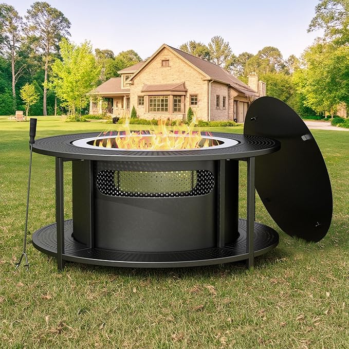 ALAULM 37 Inch Smokeless Fire Pit Tabletop, Stainless Steel Wood Burning Firepit for Outdoor Patio, Includes Weather-Resistant Cover