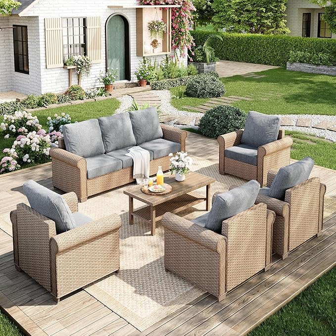 Patio Furniture Set 6 pcs, Wicker Outdoor Patio Furniture, 3-Seat Sofa, 4 Single Chairs and Coffee Table, Rattan Patio Conversation Set for Backyard Deck, Grey
