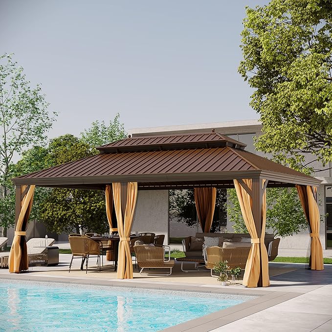 GAZEBEST 14' X 20' Hardtop Gazebo, Outdoor Galvanized Steel Double Roof Permanent Aluminum Frame Pavilion Pergola Canopy with Privacy Curtains for Garden, Patio, Backyard, Deck and Lawns.