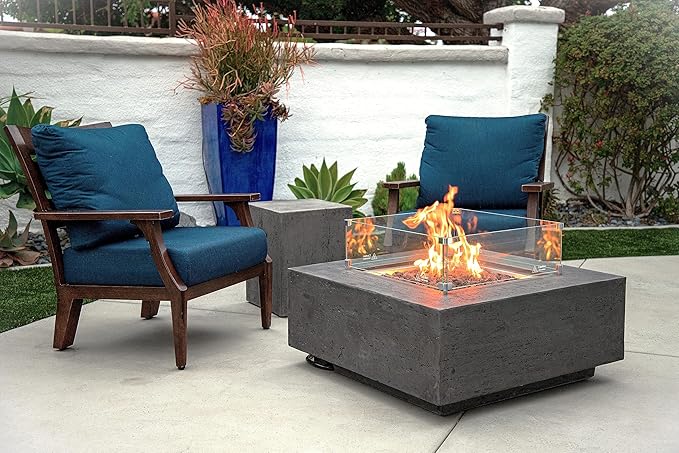 AMS Creations | Albany Square Natural Gas Outdoor Fire Pit Table | Concrete GFRC Fire Pit Table | with SS Burner, Canvas Cover, SS Lid, Lava Rock, and Wind Guard Included (Fuel Type: Natural Gas)