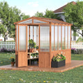 6x10FT Wooden Greenhouse with Cedar Frame, Outdoor Wood Greenhouses with Roof Vent, Wood and Polycarbonate Walk-in Greenhouse