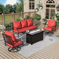 Patio Furniture Set, 4 Pcs Metal Outdoor Conversation Set, 2 Swivel Chairs and 3 Seater Sofa with 5.75" Extra Thick Cushion and Gas Fire Pit Table for Backyard Deck, Red