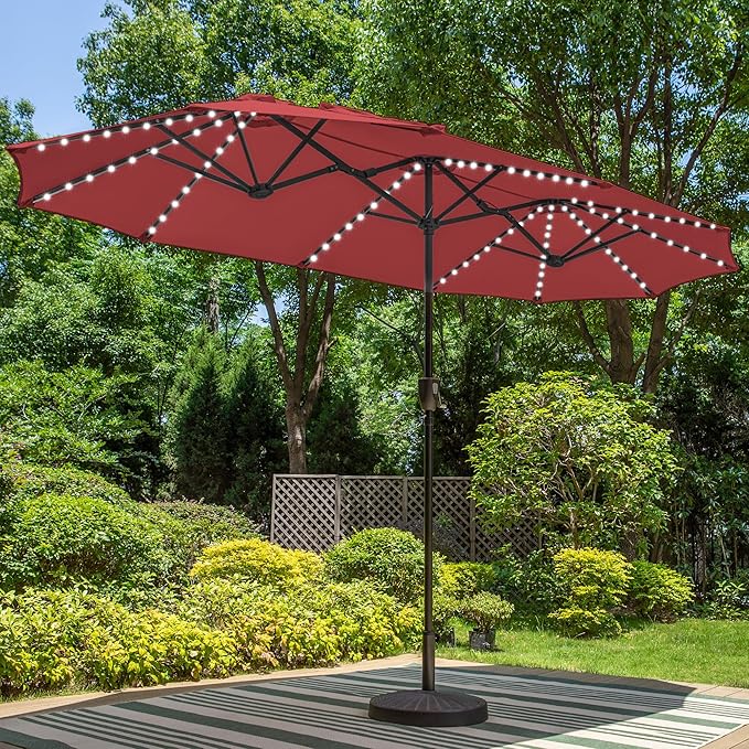 PHI VILLA 13ft Patio Umbrella with Solar-Powered 120 PCS LED Color-Changing Lights, Triple-Head Large Rectangle Umbrella Outdoor Patio for Table with Crank Lift,Red(No Base)