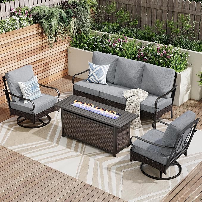 PHI VILLA Patio Furniture Set with 56" Fire Pit Table, Premium Outdoor Wicker Metal Frame Furniture with Upgraded Waterproof Thick Cushions for Porch, Poolside, Deck, and Yard （4 Pieces, Grey