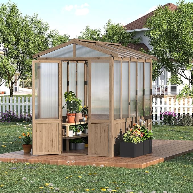 6x8FT Wooden Greenhouses for Outdoors, Wooden Walk-in Green House with Cedar Frame, Greenhouse Kit with 6MM Thick Polycarbonate Panel