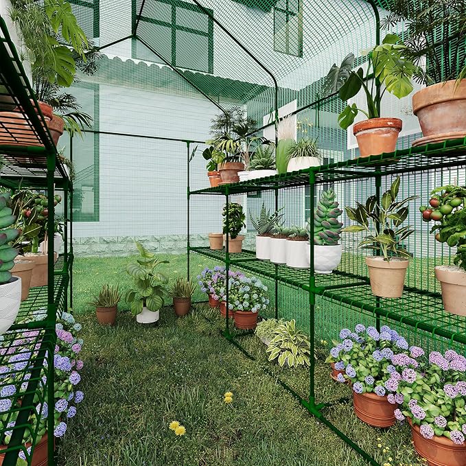 Greenhouse, 57 x 85 x 77'' Greenhouses for Outdoors, with Mesh Side Windows, PE Cover, 8 Shelves, Heavy Duty Walk in Green House for Backyard Garden Indoor, White& Green Outside