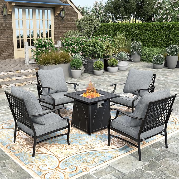 HERA'S HOUSE 5 Pieces Patio Furniture Set with Fire Pit Table, 4 x Thick Cushioned Chairs, 1 x Fire Pit Table (50,000 BTU), All Weather Outdoor Conversation Set for Garden, Backyard, Lawn, Grey