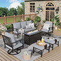 Patio Furniture Set, 6 Pcs Metal Outdoor Conversation Set, 2 Swivel Chairs, 2 Ottomans and 3 Seater Sofa with 5.75" Extra Thick Cushion and Gas Fire Pit Table, Grey