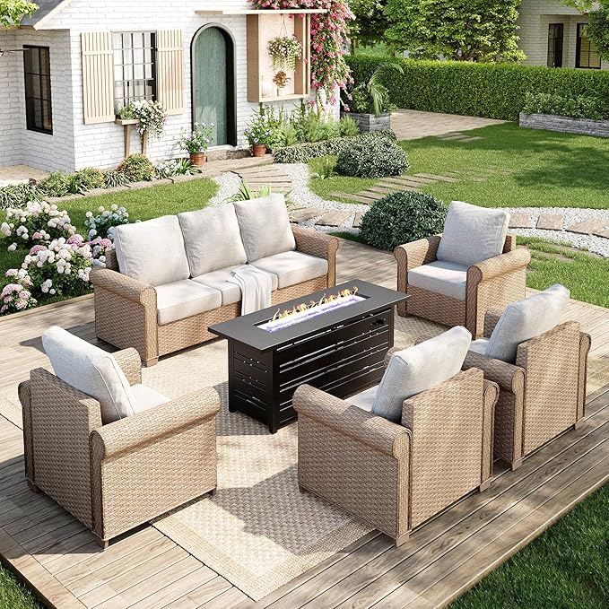Patio Furniture Set 6 pcs, Wicker Outdoor Patio Furniture, 3-Seat Sofa, 4 Single Chairs and 56" Gas Fire Pit Table, Rattan Patio Conversation Set for Backyard Deck, Beige