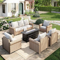 Patio Furniture Set 6 pcs, Wicker Outdoor Patio Furniture, 3-Seat Sofa, 4 Single Chairs and 56" Gas Fire Pit Table, Rattan Patio Conversation Set for Backyard Deck, Beige