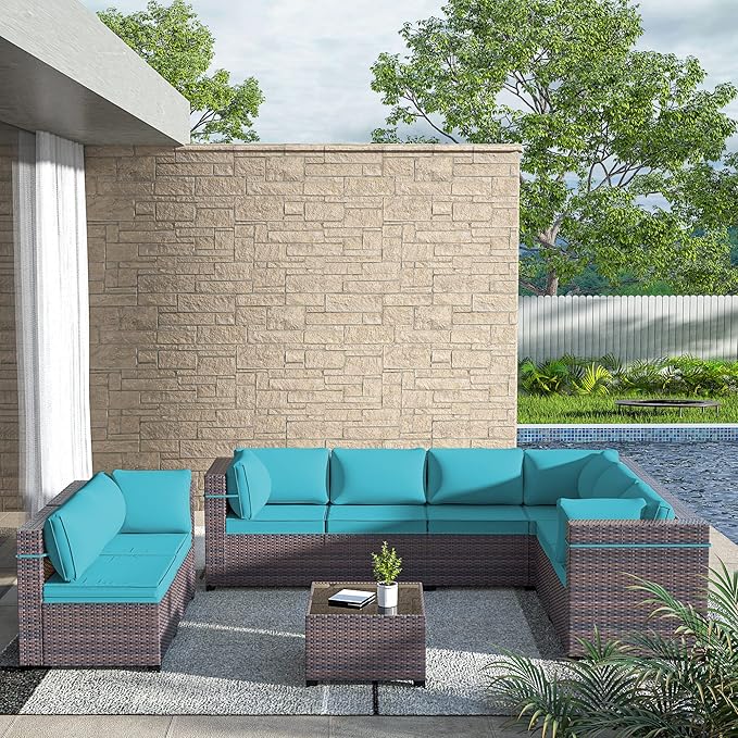 Outdoor Patio Furniture Set, 9 Pieces Outdoor Sectional Furniture Patio Sofa, All-Weather PE Rattan Patio Conversation Set with Tempered Glass Top Table & Cushions(Teal).