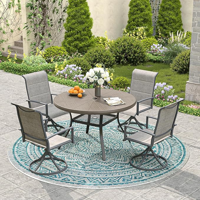 VICLLAX Round Patio Dining Table, 4 Person Aluminum Outdoor Dining Table with Umbrella Hole and Storage Shelf for Garden Lawn Deck, 40.6" Grey
