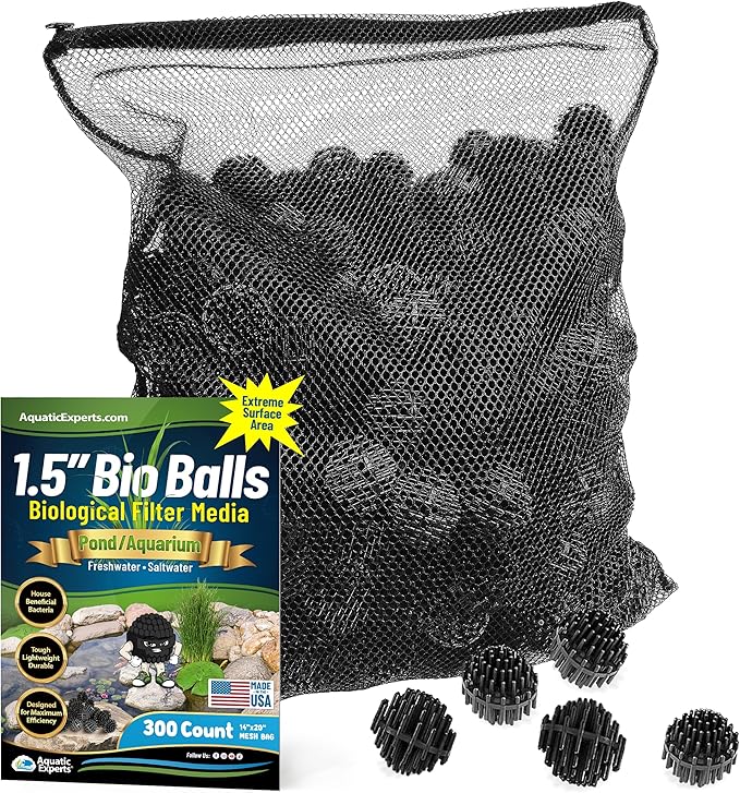 Aquatic Experts Bio Balls Filter Media Bulk, 1.5 Inch Large Bio Balls for Pond & Aquarium Filters, Pond Filter Media for Outdoor Ponds, (300 Count with 14" x 20" Mesh Bag, 1.5 Inch)
