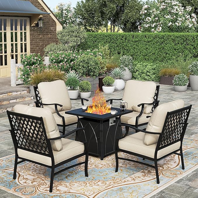 HERA'S HOUSE 5 Pieces Patio Furniture Set with Fire Pit Table, 4 x Thick Cushioned Chairs, 1 x Fire Pit Table (50,000 BTU), All Weather Outdoor Conversation Set for Garden, Backyard, Lawn