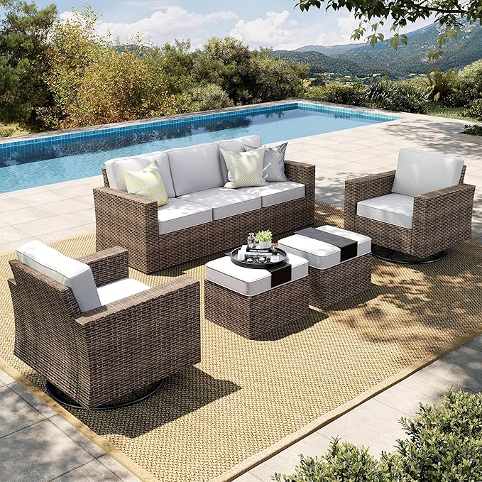 HERA'S HOUSE Swivel Glide Patio Furniture Set with 4.92" Widened Armrest Chairs, Outdoor Conversation Set, 5 Pieces Deep Seating Yellow Rattan Sofa with 5.5" Gray Cushions for Deck Garden Yard