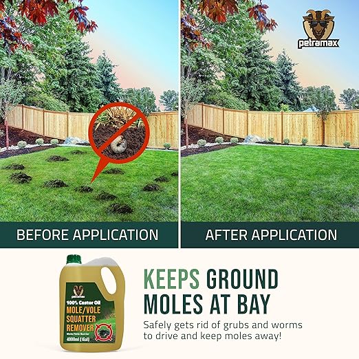 PetraMax Castor Oil Mole Repellent for Lawns - Best Anti Mole and Vole Repellent of Outdoor Space - How to Get Rid of Moles in My Yard, Garden Or Lawn, Safe and Effective Vole Deterrent (135 fl oz)