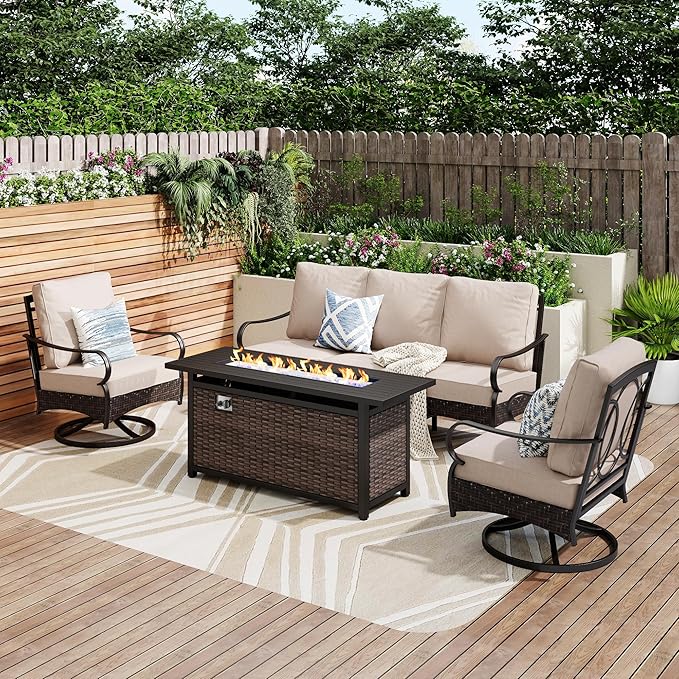 Patio Furniture Set with 56" Fire Pit Table, Premium Outdoor Wicker Metal Frame Furniture with Upgraded Waterproof Thick Cushions for Porch, Poolside, Deck, and Yard（4 Pieces,Beige