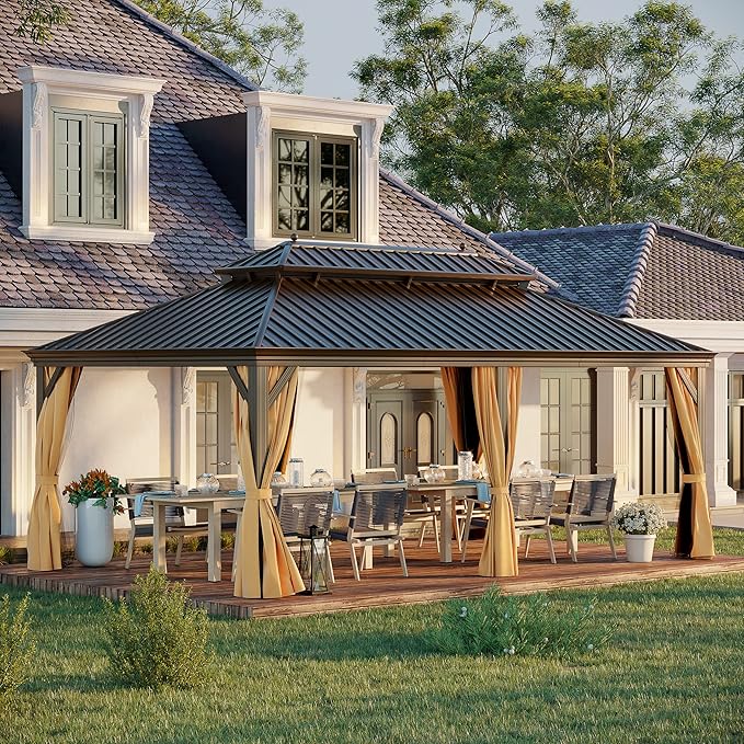 GAZEBEST 12' X 20' Hardtop Gazebo, Outdoor Galvanized Steel Double Roof Permanent Aluminum Frame Pavilion Pergola Canopy with Privacy Curtains for Garden, Patio, Backyard, Deck and Lawns.