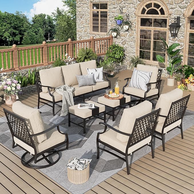 Patio Furniture Set 7 pcs, Outdoor Patio Furniture, 3-Seat Sofa, 2 Single Chairs, 2 Swivel Chairs, 2 Ottomans and 5.75" Extra Thick Cushion, Patio Conversation Set for Backyard Deck,Beige