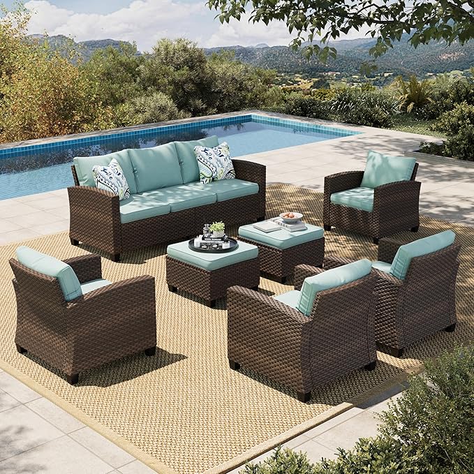 HERA'S HOUSE Outdoor Patio Furniture Set, 7 Pieces Wicker Patio Conversation Sets, Outside Sectional Deep Seating Sofa Set for Lawn Backyard Porch, Brown/Blue