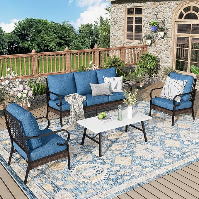 Patio Furniture Set with Coffee Table, Outdoor Conversation Set with 2 x Fixed Chairs, 1 x 3-Seat Sofa for Lawn Garden Backyard, Pacific Blue