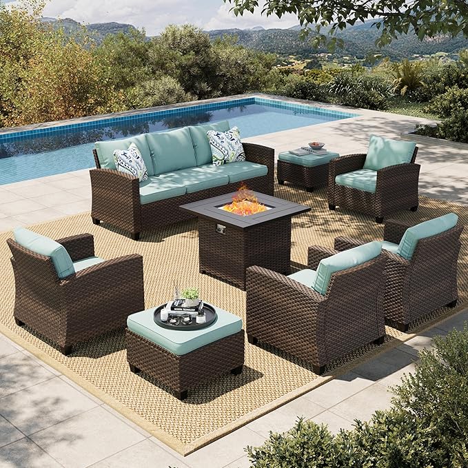 HERA'S HOUSE Wicker Patio Furniture Set with Fire Pit, 8 Pieces Outdoor Sectional Conversation Sets, Deep Seating Sofa for Lawn Deck Garden, Blue