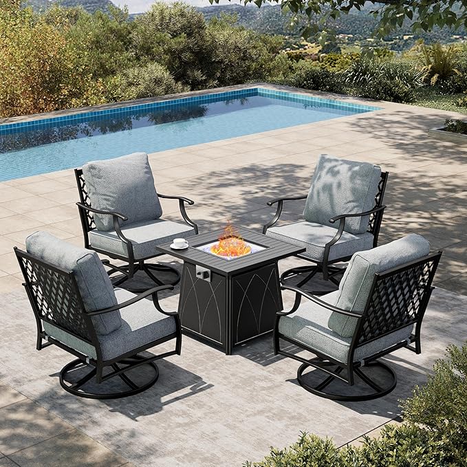 HERA'S HOUSE 5 Pieces Fire Pit Patio Furniture Set, 4 x Thick Cushioned Swivel Chairs with 28" Fire Pit Table (50,000 BTU), Outdoor Conversation Set for Garden, Backyard, Lawn, Grey