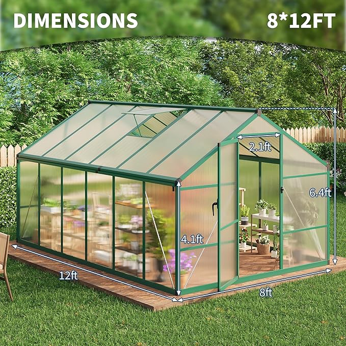8 x 12 ft Greenhouse, Greenhouses for Outside, Polycarbonate Greenhouse with Aluminum Frame, Lockable Door and Ajustable Roof Vent for Backyard, Green Houses for Outside Garden Backyard, Patio