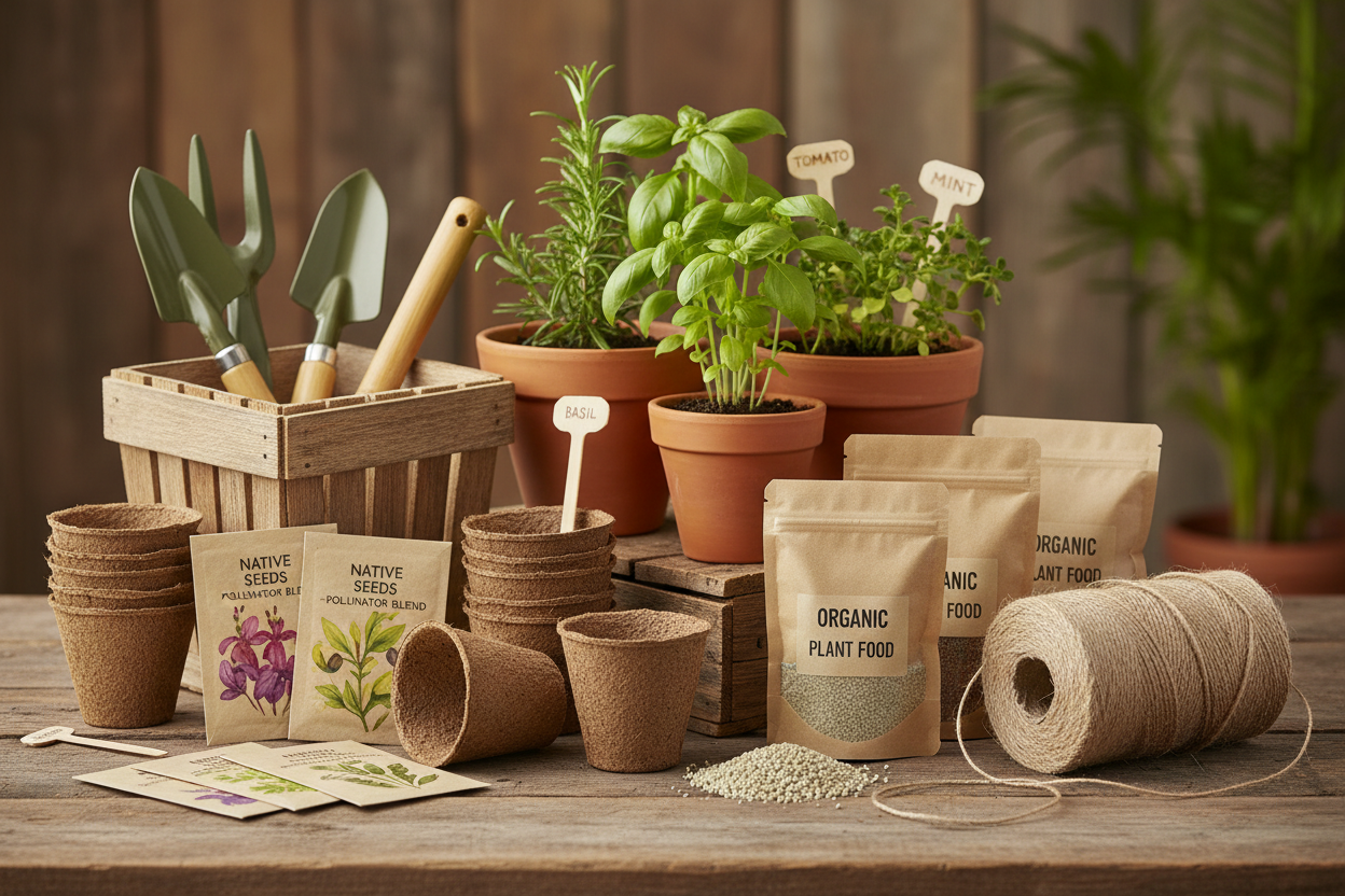 Eco-Friendly Supplies: Sustainable products that nurture both your garden and the planet. (make it real photo)